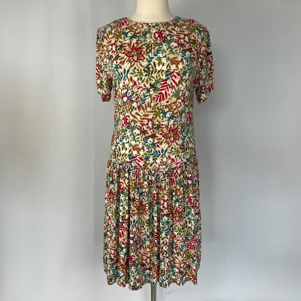 Vintage Midi Dress Size Large Tan Green Floral Drop Waist Garden Flowy 80s 90s